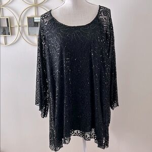 Brittany black women’s Black Lace Top, evening with sequins shark bite plus 2X